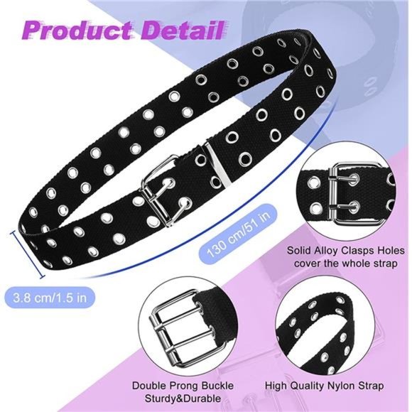 Geyoga 2 Pieces Double Grommet Canvas Belts Two-Hole Vintage Buckle Punk Belts main image 4